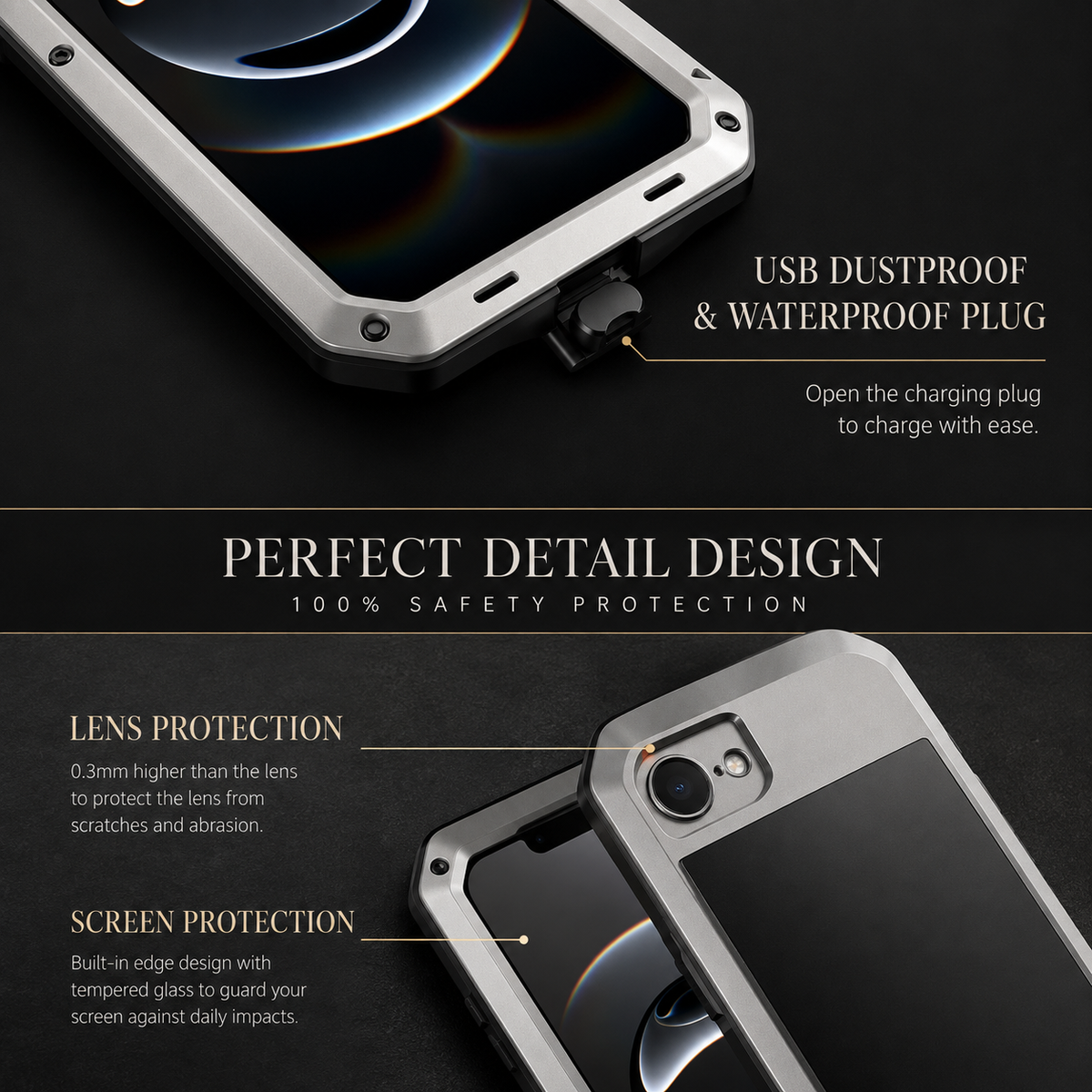 Premium iPhone Case Heavy Duty Metal Protective Cover Tempered Glass Screen Protector Shockproof TPU PC Hybrid Full Coverage Rugged Design
