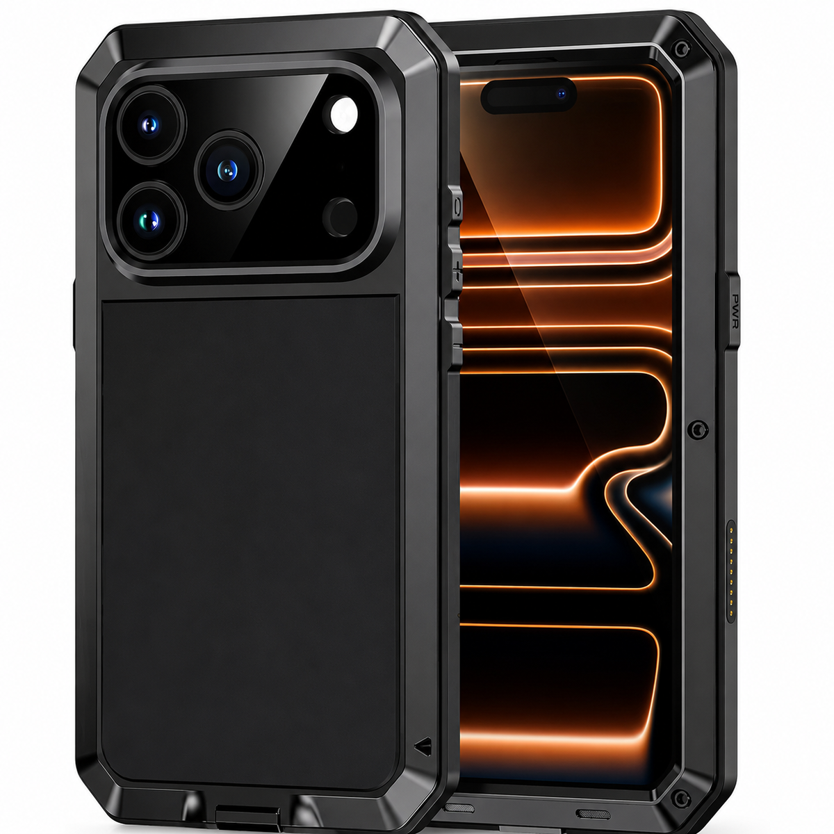 Premium iPhone Case Heavy Duty Metal Protective Cover Tempered Glass Screen Protector Shockproof TPU PC Hybrid Full Coverage Rugged Design