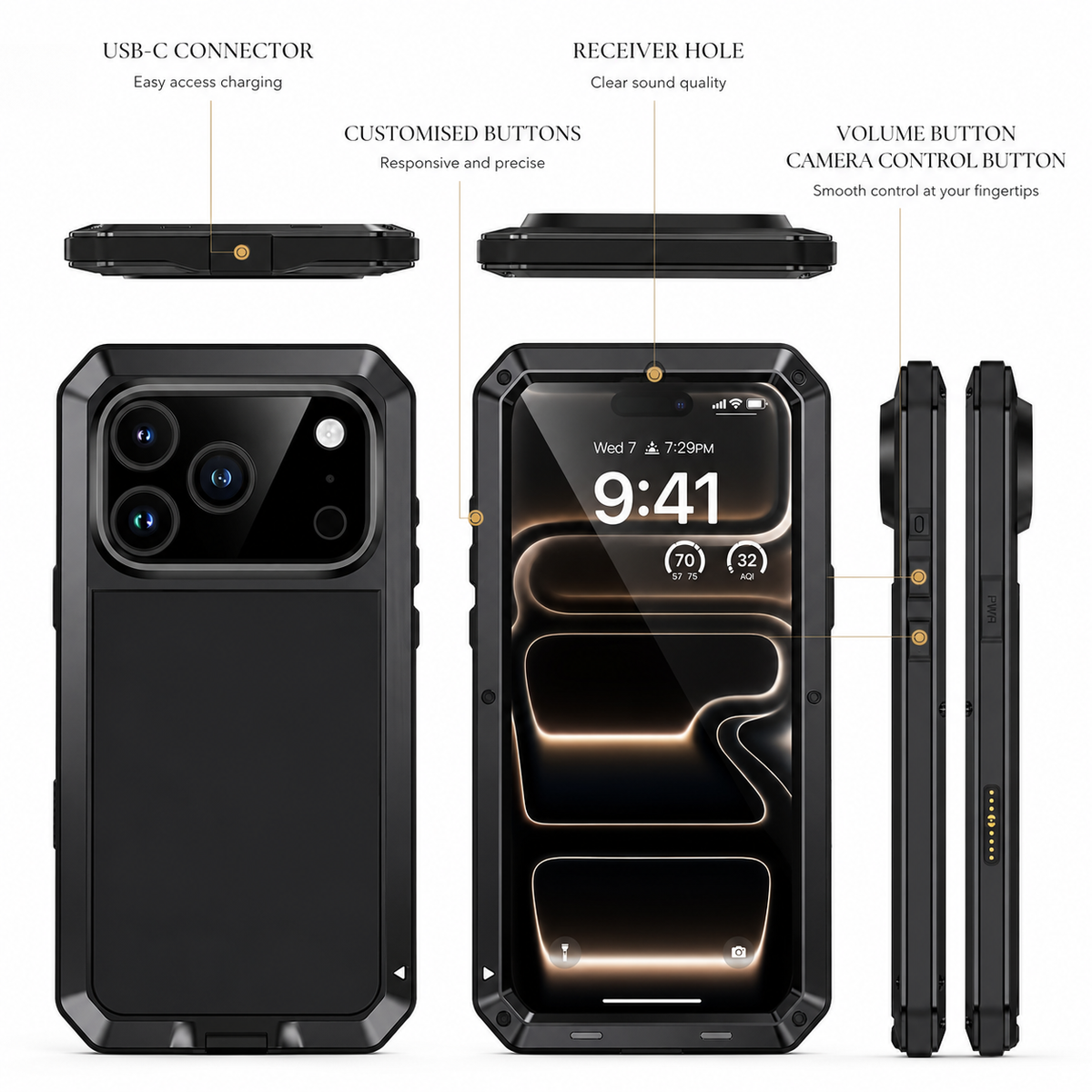 Premium iPhone Case Heavy Duty Metal Shockproof Built In Glass Screen Protector TPU PC Armor Anti Scratch Rugged Protective Cover Raised Edge Design