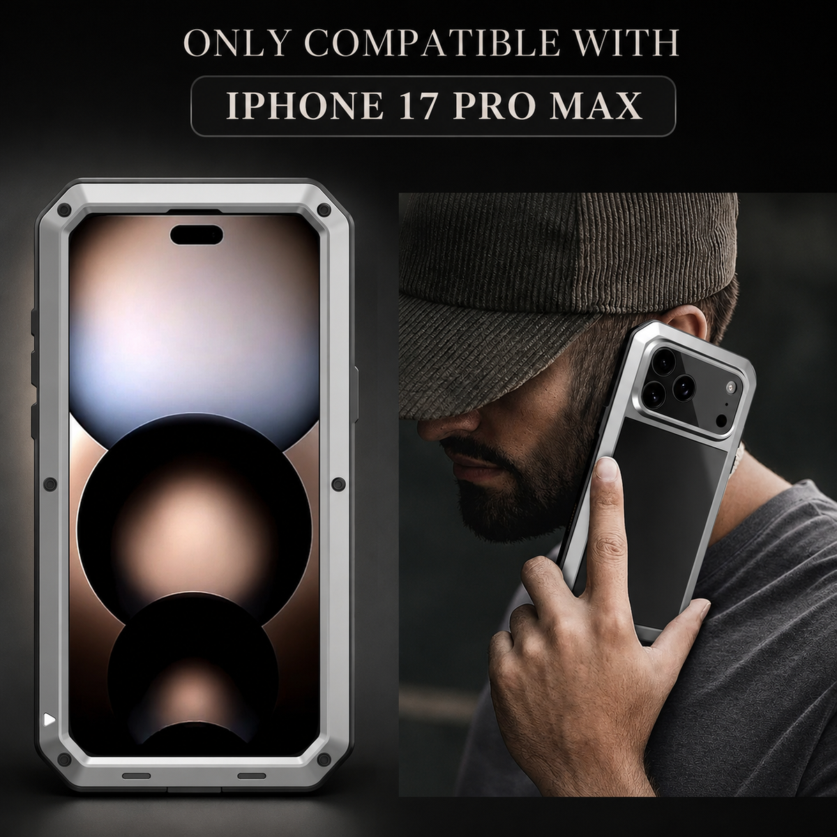 Premium iPhone Case Heavy Duty Metal Shockproof Built In Glass Screen Protector TPU PC Armor Anti Scratch Rugged Protective Cover Raised Edge Design