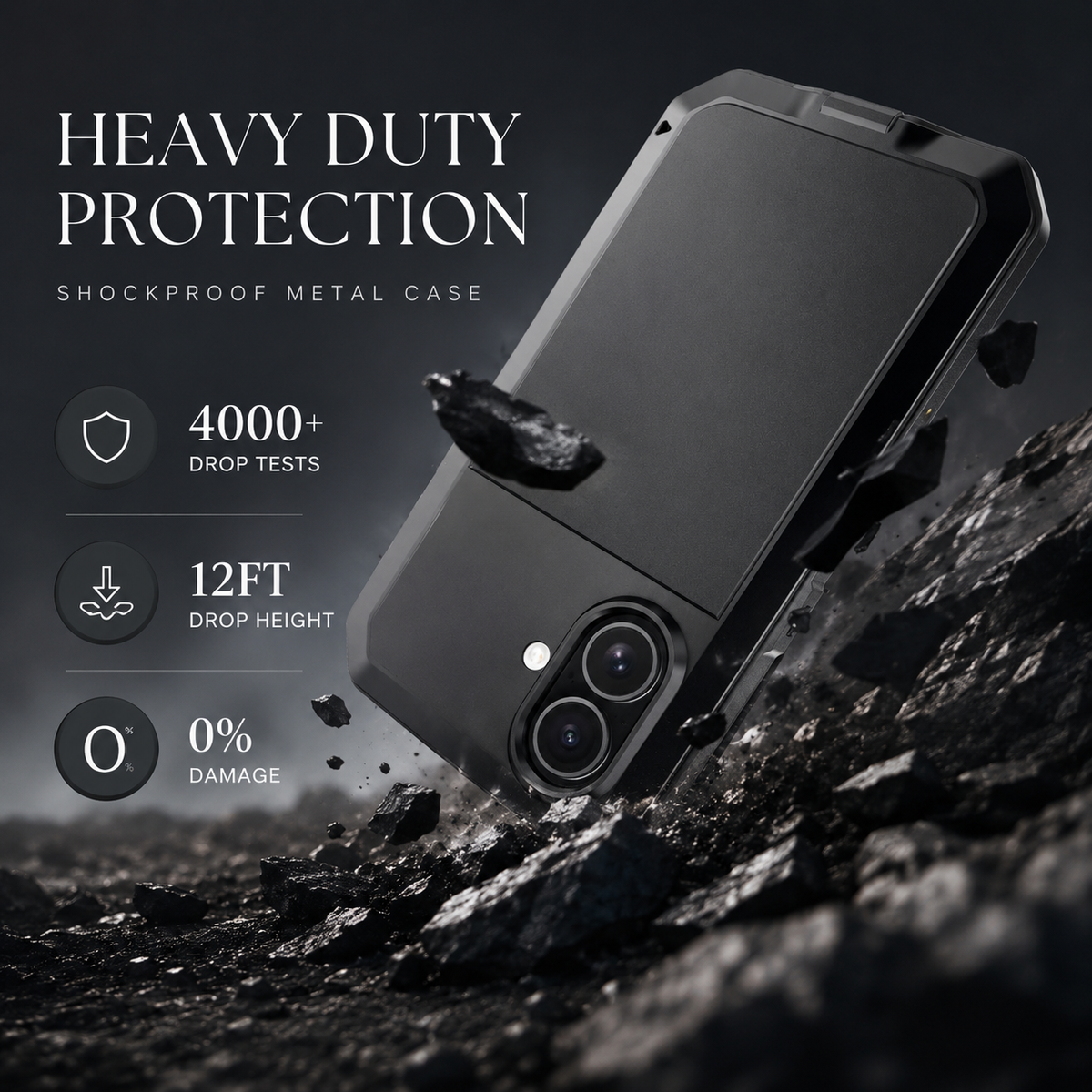Premium iPhone Case Heavy Duty Metal Shockproof Built In Glass Screen Protector TPU PC Armor Anti Scratch Rugged Protective Cover Raised Edge Design