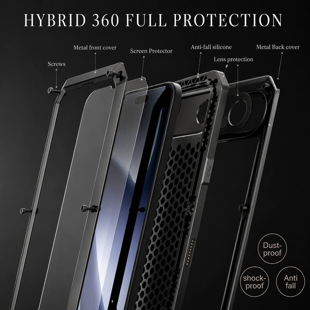 Premium iPhone Case Heavy Duty Metal Shockproof Built In Glass Screen Protector TPU PC Armor Anti Scratch Rugged Protective Cover Raised Edge Design