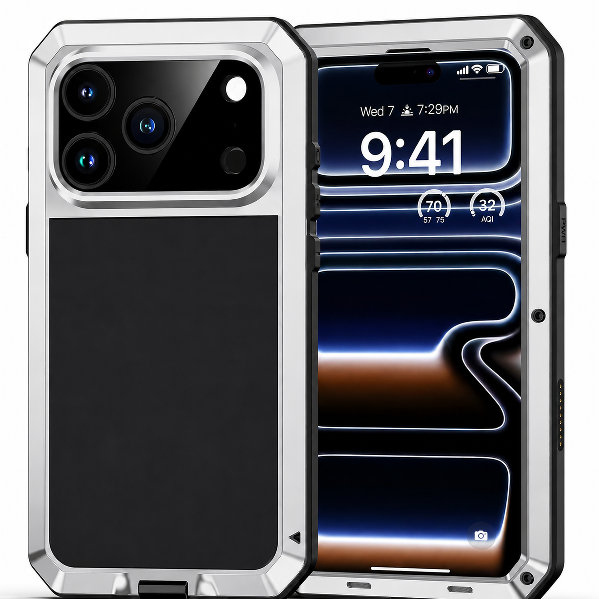 Premium iPhone Case Heavy Duty Metal Shockproof Built In Glass Screen Protector TPU PC Armor Anti Scratch Rugged Protective Cover Raised Edge Design