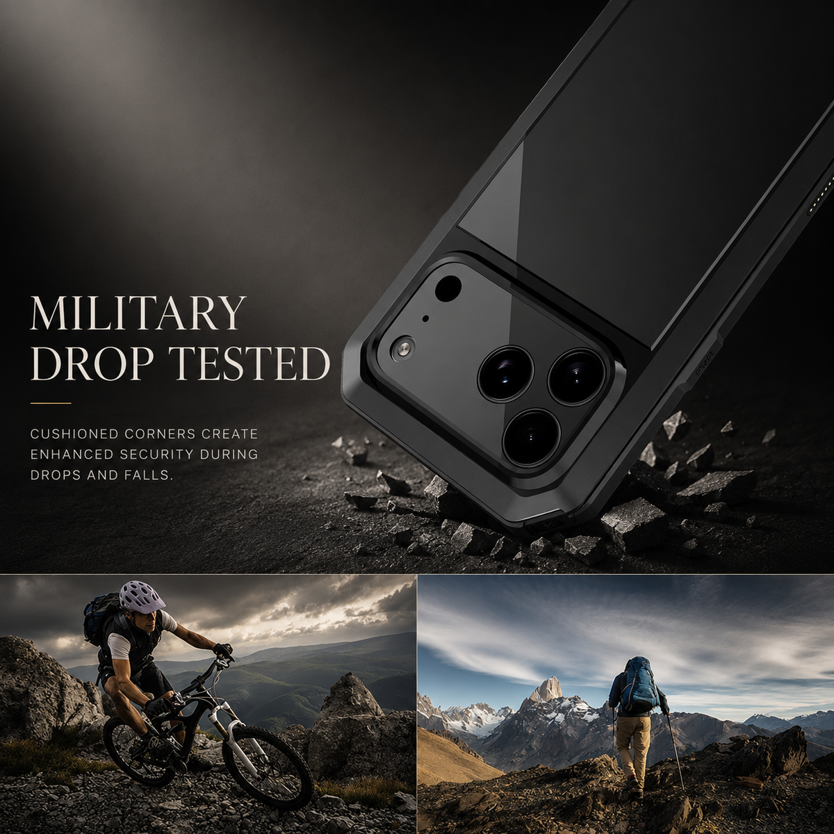 Premium iPhone Case Heavy Duty Metal Shockproof Built In Glass Screen Protector TPU PC Armor Anti Scratch Rugged Protective Cover Raised Edge Design