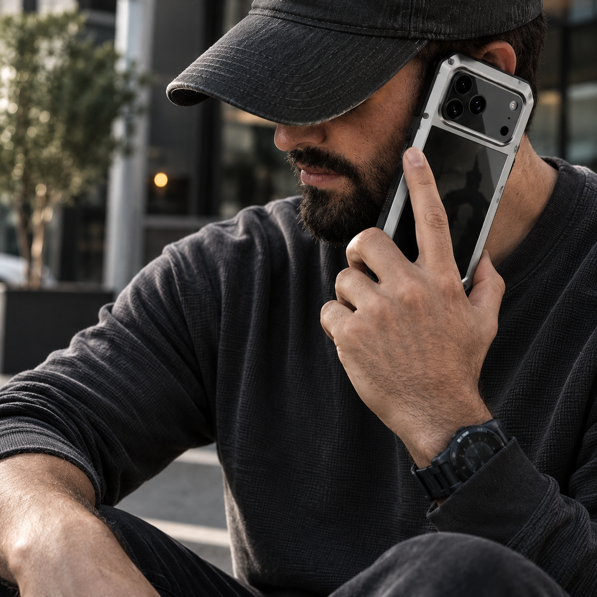 Premium iPhone Case Heavy Duty Metal Shockproof Built In Glass Screen Protector TPU PC Armor Anti Scratch Rugged Protective Cover Raised Edge Design