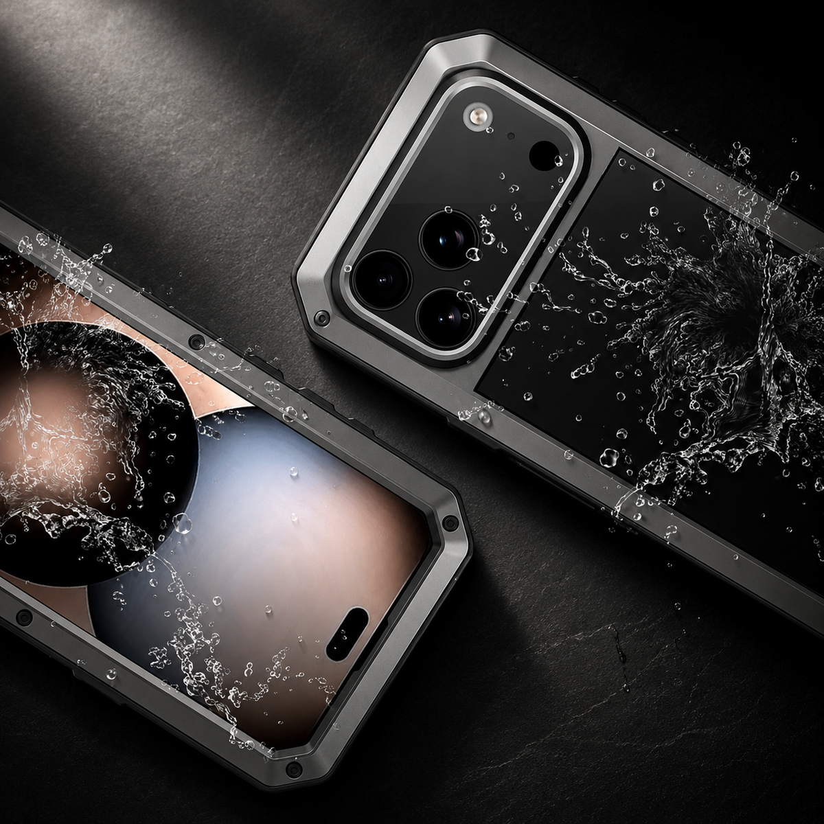 Premium iPhone Case Heavy Duty Metal Shockproof Built In Glass Screen Protector TPU PC Armor Anti Scratch Rugged Protective Cover Raised Edge Design