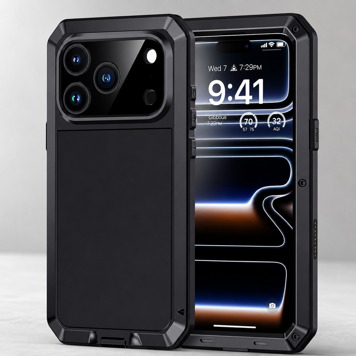 Premium iPhone Case Heavy Duty Metal Shockproof Built In Glass Screen Protector TPU PC Armor Anti Scratch Rugged Protective Cover Raised Edge Design