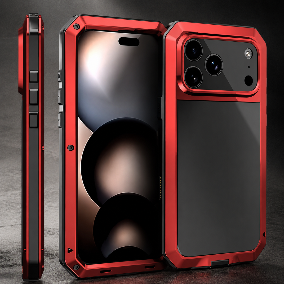 Premium iPhone Case Heavy Duty Metal Shockproof Built In Glass Screen Protector TPU PC Armor Anti Scratch Rugged Protective Cover Raised Edge Design