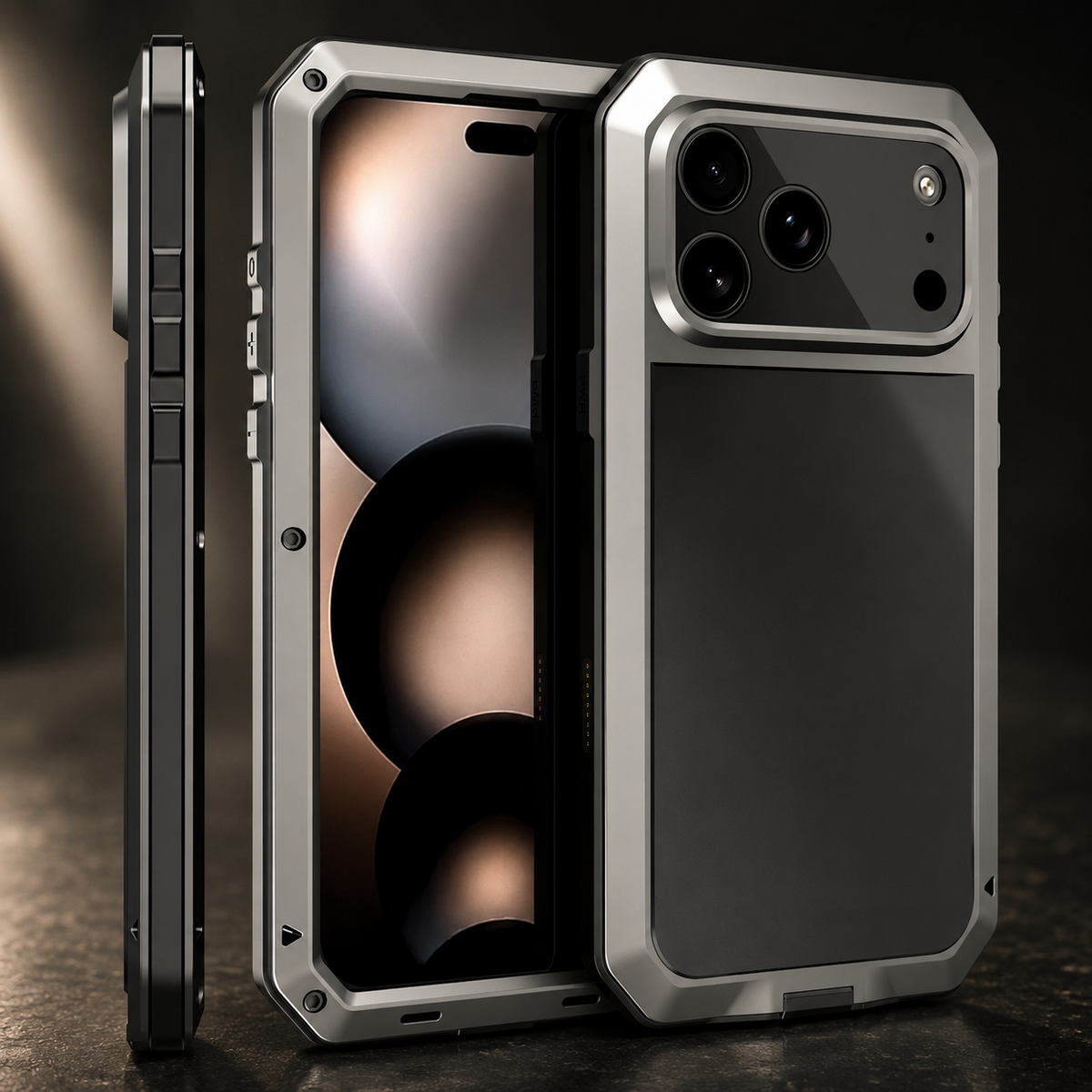 Premium iPhone Case Heavy Duty Metal Shockproof Built In Glass Screen Protector TPU PC Armor Anti Scratch Rugged Protective Cover Raised Edge Design