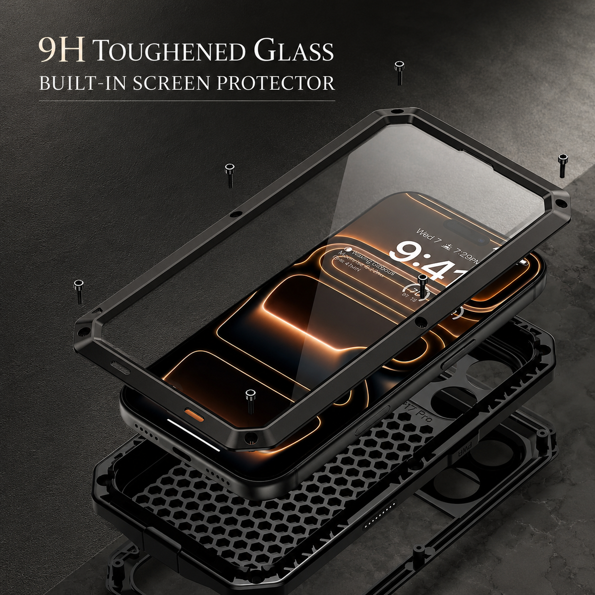 Premium iPhone Case Heavy Duty Metal Shockproof Built In Glass Screen Protector TPU PC Armor Anti Scratch Rugged Protective Cover Raised Edge Design