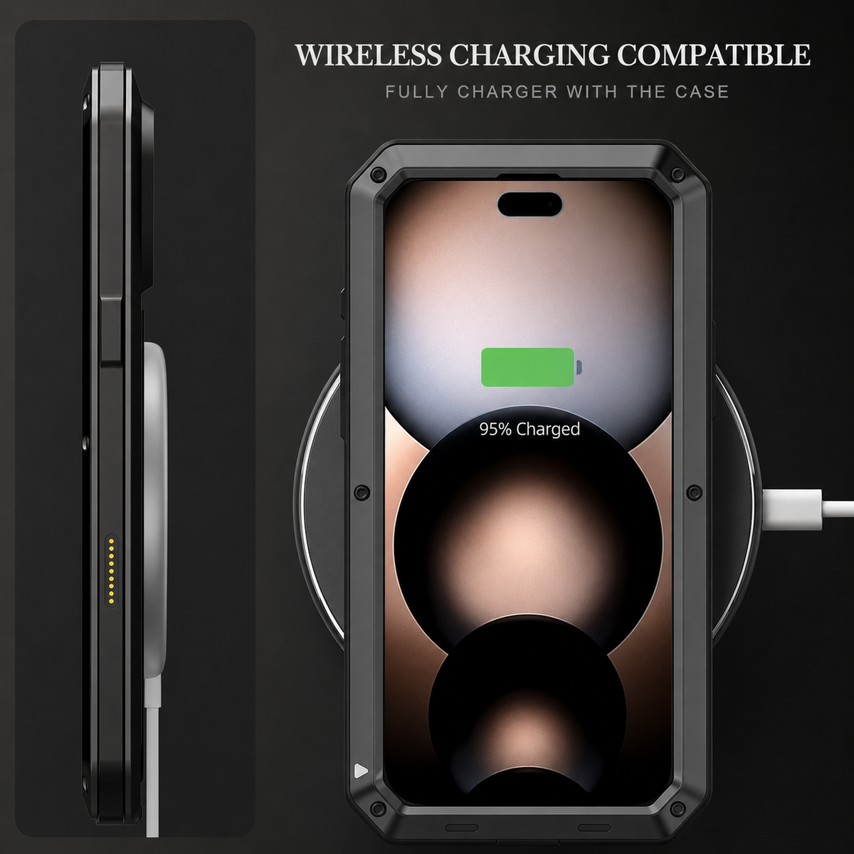 Premium iPhone Case Heavy Duty Metal Shockproof Built In Glass Screen Protector TPU PC Armor Anti Scratch Rugged Protective Cover Raised Edge Design