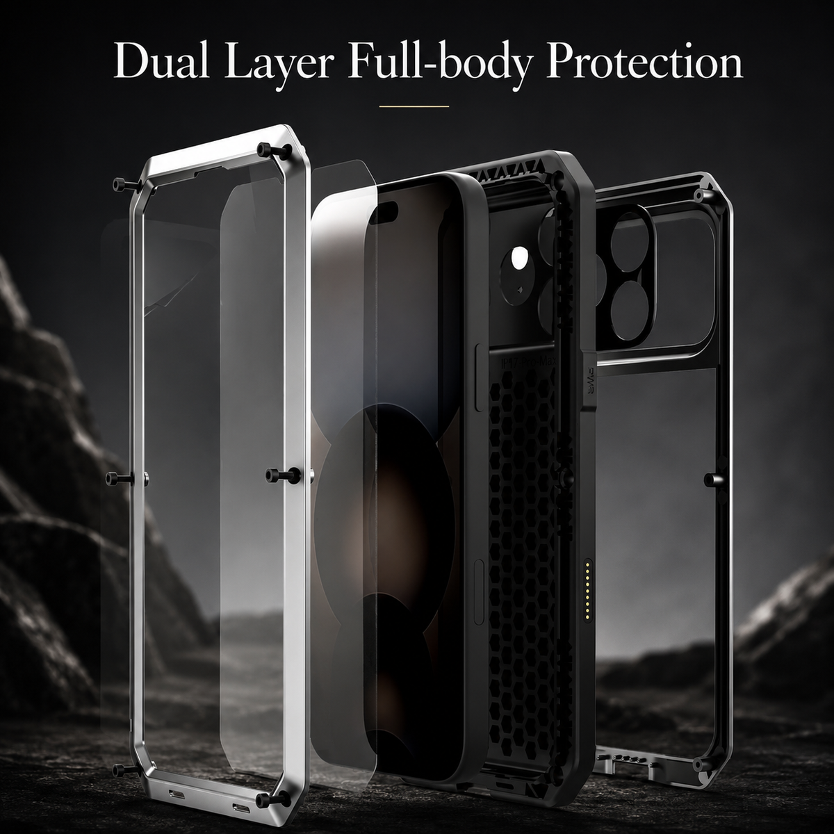 Premium iPhone Case Heavy Duty Metal Shockproof Built In Glass Screen Protector TPU PC Armor Anti Scratch Rugged Protective Cover Raised Edge Design