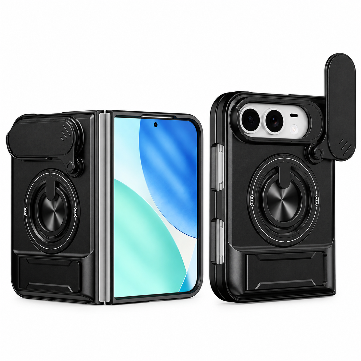 Premium iPhone Case Heavy Duty Rugged Armor Magnetic Ring Stand Slide Camera Protection Foldable Stand Cover Shockproof Tough Durable Protective Phone Case