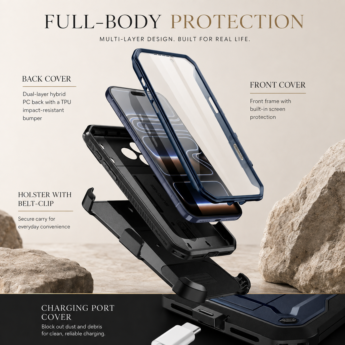 Premium iPhone Case Heavy Duty Rugged Shockproof PC TPU Full Body Protective Cover Built In Screen Protector Reinforced Bumper Tough Armor Case