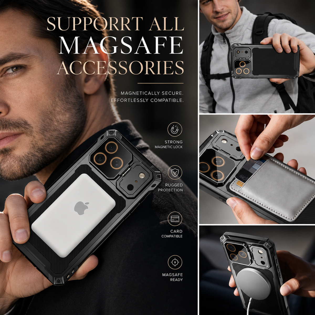 Premium iPhone Case Heavy Duty Shockproof Aluminum Armor Magnetic Ring Stand Tempered Glass Screen Camera Lens Protector Full Coverage Rugged Bumper