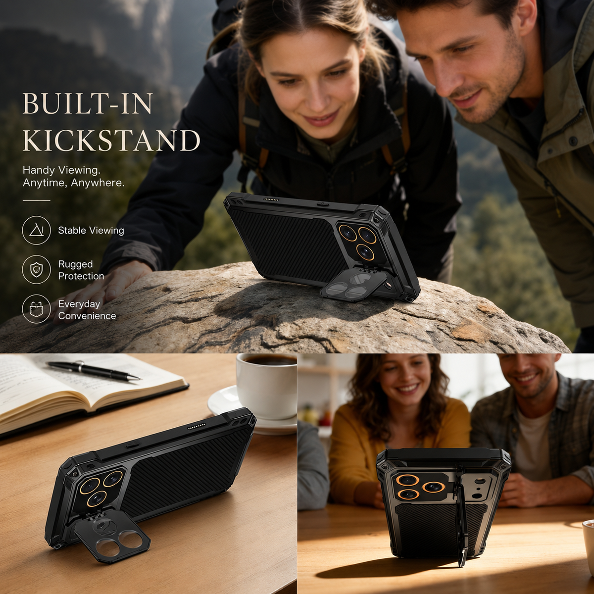 Premium iPhone Case Heavy Duty Shockproof Aluminum Armor Magnetic Ring Stand Tempered Glass Screen Camera Lens Protector Full Coverage Rugged Bumper