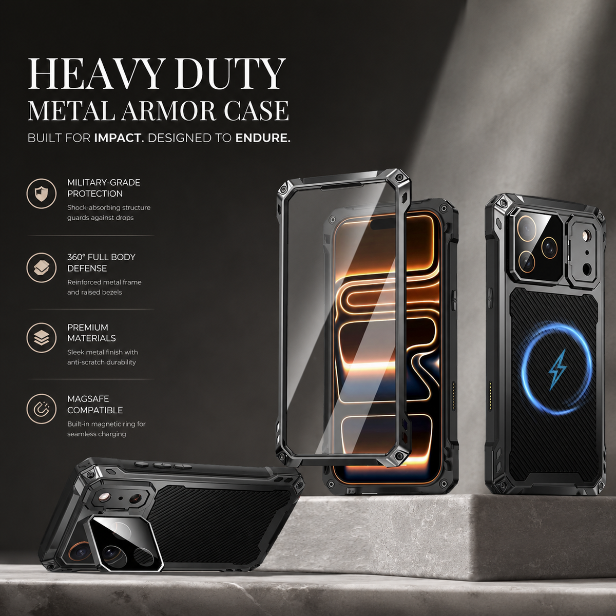 Premium iPhone Case Heavy Duty Shockproof Aluminum Armor Magnetic Ring Stand Tempered Glass Screen Camera Lens Protector Full Coverage Rugged Bumper