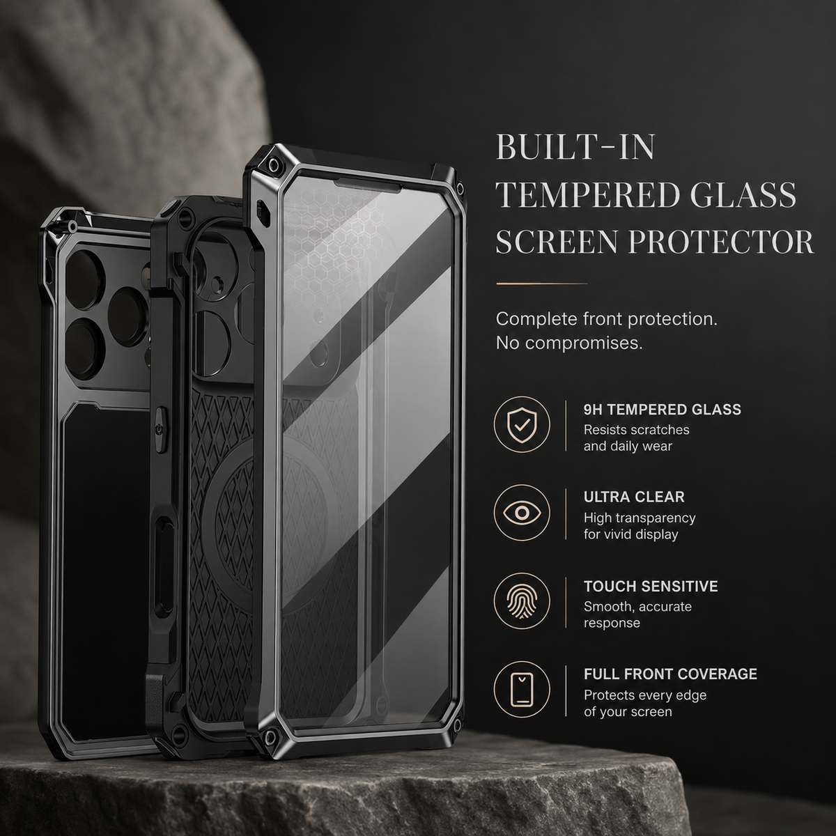 Premium iPhone Case Heavy Duty Shockproof Aluminum Armor Magnetic Ring Stand Tempered Glass Screen Camera Lens Protector Full Coverage Rugged Bumper