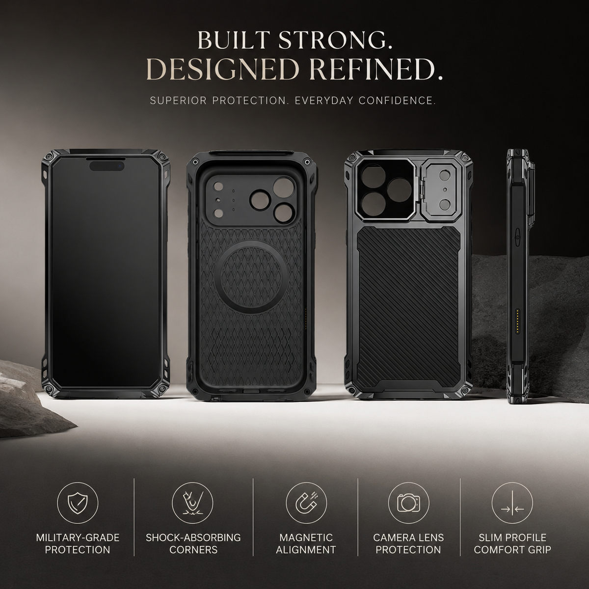 Premium iPhone Case Heavy Duty Shockproof Aluminum Armor Magnetic Ring Stand Tempered Glass Screen Camera Lens Protector Full Coverage Rugged Bumper