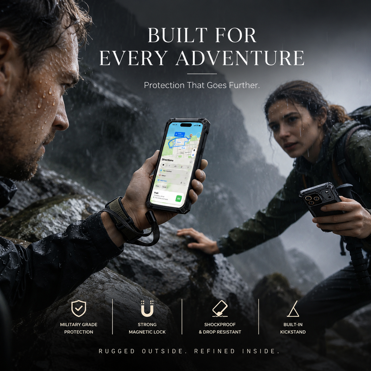 Premium iPhone Case Heavy Duty Shockproof Aluminum Armor Magnetic Ring Stand Tempered Glass Screen Camera Lens Protector Full Coverage Rugged Bumper