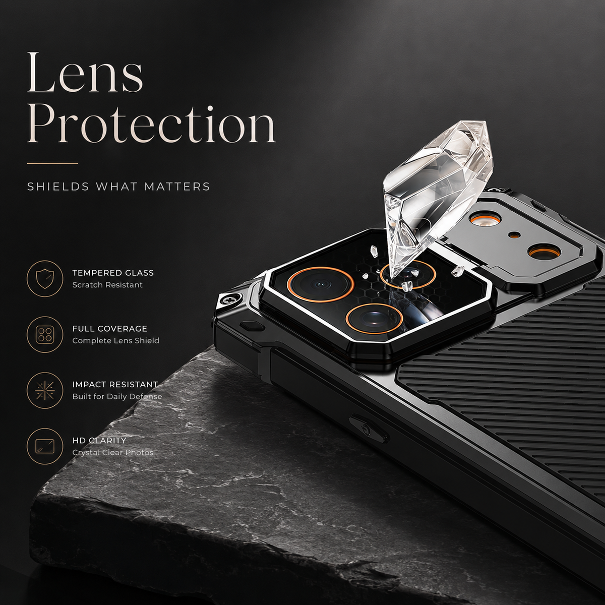 Premium iPhone Case Heavy Duty Shockproof Aluminum Armor Magnetic Ring Stand Tempered Glass Screen Camera Lens Protector Full Coverage Rugged Bumper