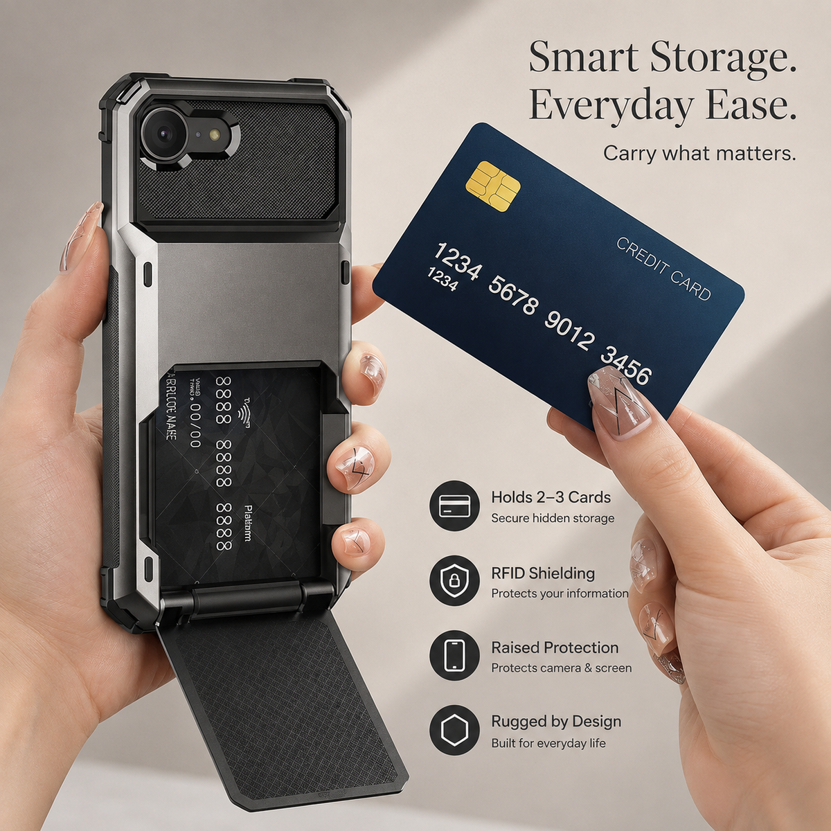 Premium iPhone Case Heavy Duty Wallet Card Holder Hidden Flip Slot Dual Layer Protective Hard Back Anti Scratch Storage Compartment Armor Cover