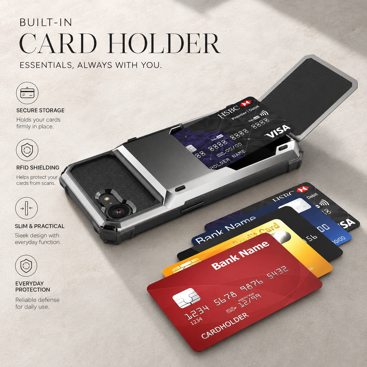 Premium iPhone Case Heavy Duty Wallet Card Holder Hidden Flip Slot Dual Layer Protective Hard Back Anti Scratch Storage Compartment Armor Cover