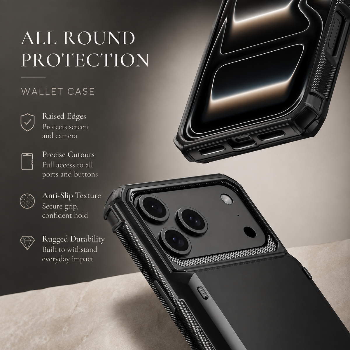 Premium iPhone Case Heavy Duty Wallet Card Holder Hidden Flip Slot Shockproof Dual Layer Hard Back Anti Scratch Anti Fingerprint Protective Armor Cover
