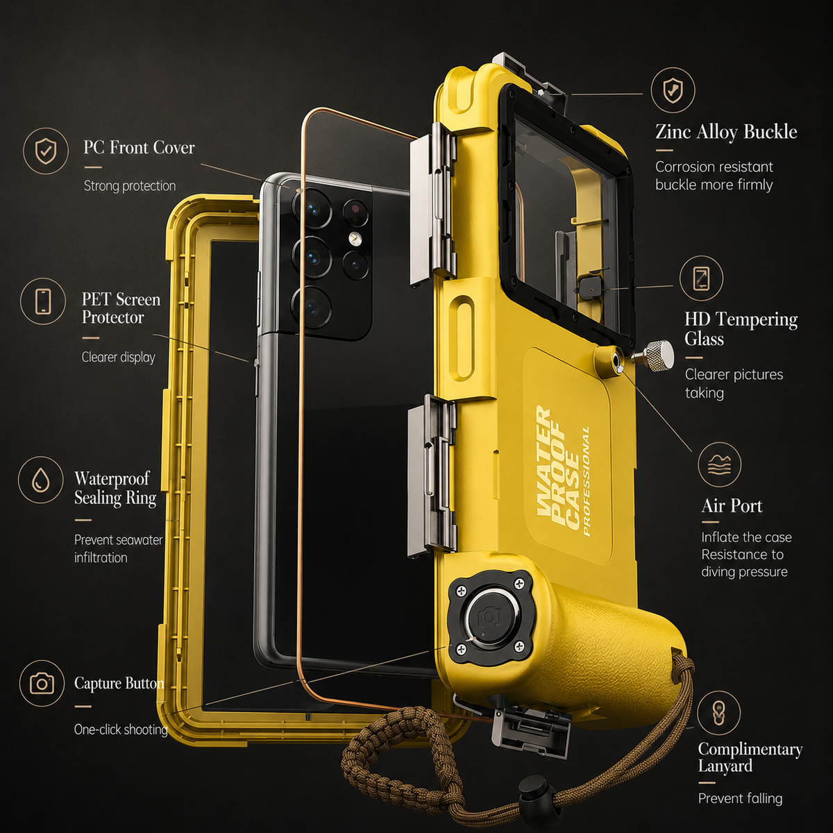 Premium iPhone Case IP68 Waterproof Diving Pouch 15m 50ft PC TPU Shockproof Anti Scratch Lanyard Underwater Photography Full Cover Protection Safe Use