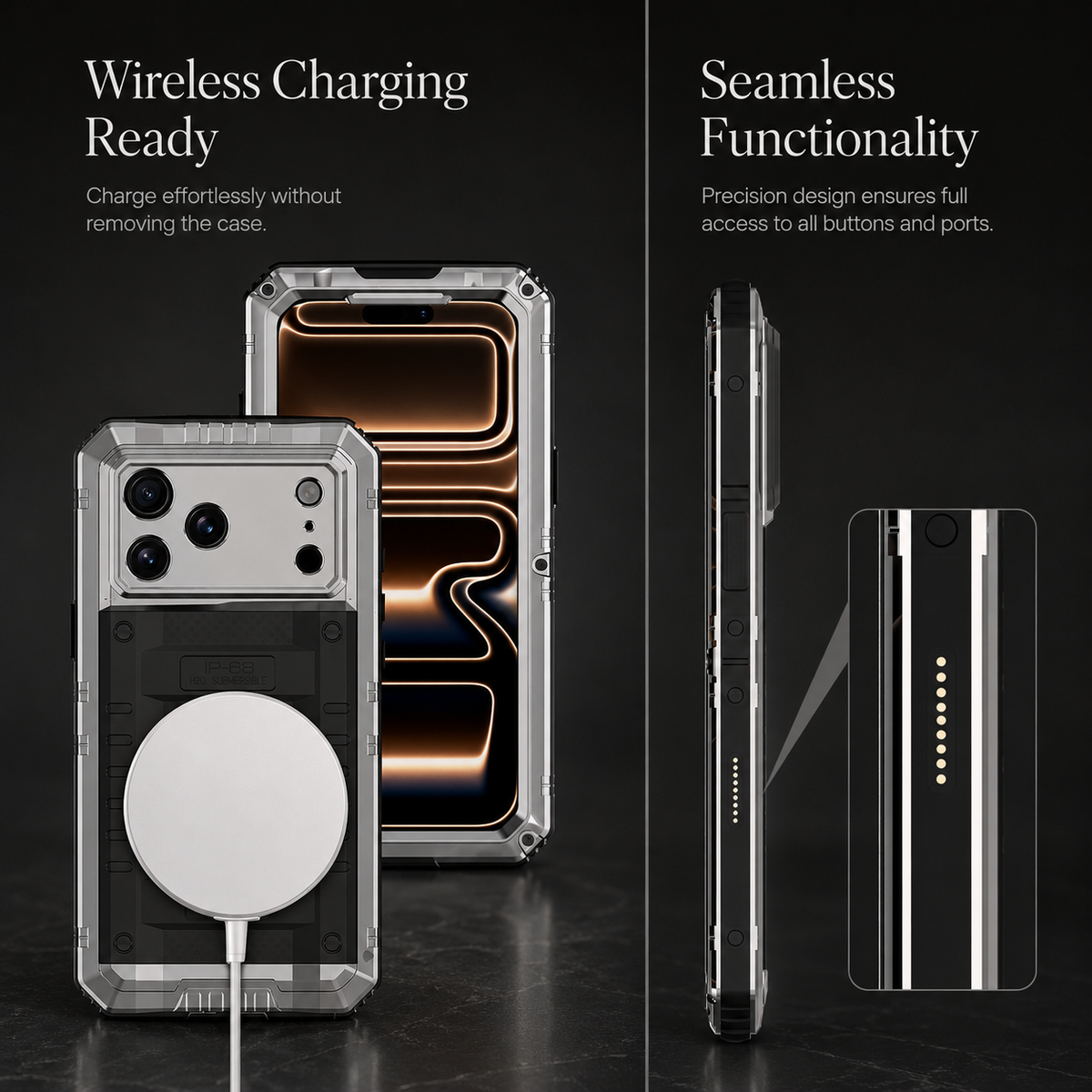 Premium iPhone Case IP68 Waterproof Heavy Duty Aluminum Silicone Shockproof Full Coverage Protective Cover Dual Layer Anti Scratch Tough Lanyard Case
