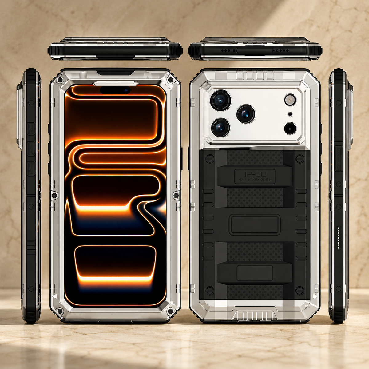 Premium iPhone Case IP68 Waterproof Heavy Duty Aluminum Silicone Shockproof Full Coverage Protective Cover Dual Layer Anti Scratch Tough Lanyard Case