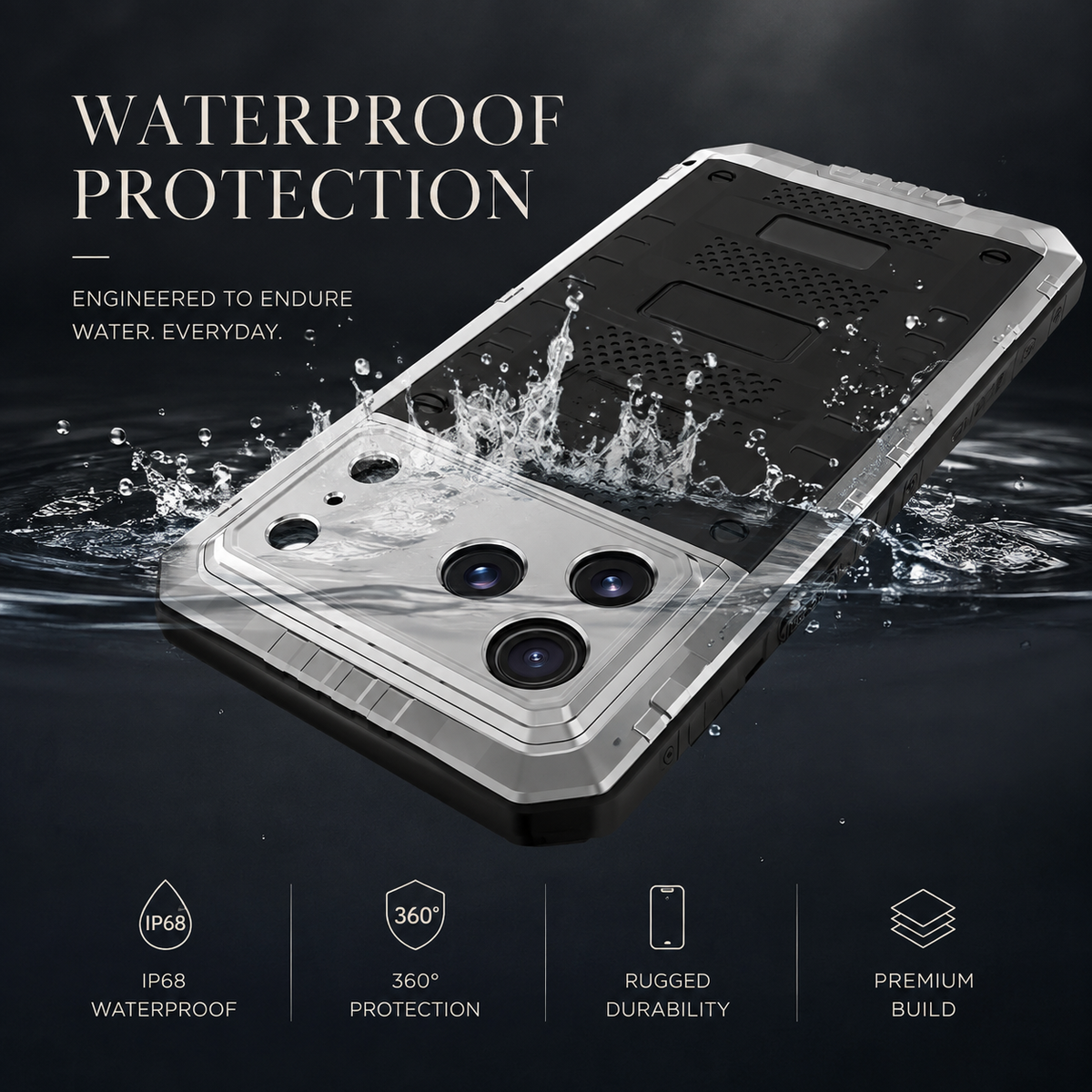 Premium iPhone Case IP68 Waterproof Heavy Duty Aluminum Silicone Shockproof Full Coverage Protective Cover Dual Layer Anti Scratch Tough Lanyard Case