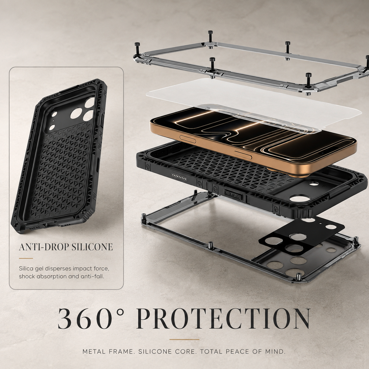 Premium iPhone Case IP68 Waterproof Heavy Duty Aluminum Silicone Shockproof Full Coverage Protective Cover Dual Layer Anti Scratch Tough Lanyard Case