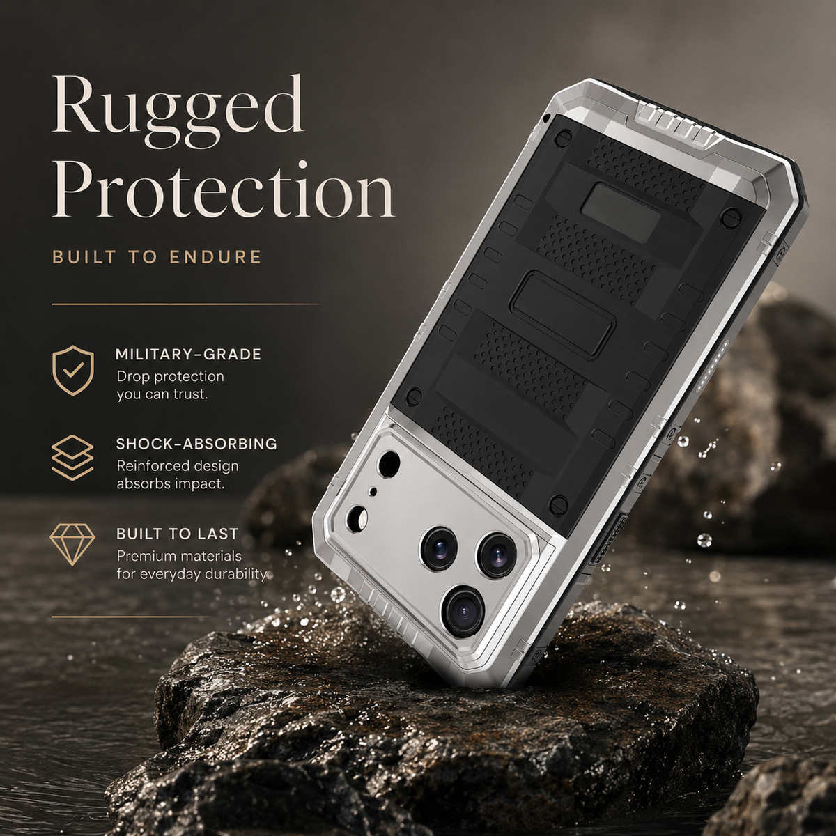 Premium iPhone Case IP68 Waterproof Heavy Duty Aluminum Silicone Shockproof Full Coverage Protective Cover Dual Layer Anti Scratch Tough Lanyard Case