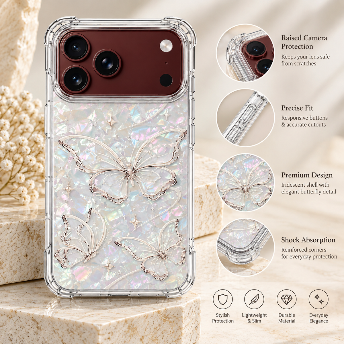 Premium iPhone Case Korean INS Butterfly Flower Heart Pattern Laser Acrylic Hard Shell Shockproof Folding Slim Anti Scratch Stylish Protective Phone Cover