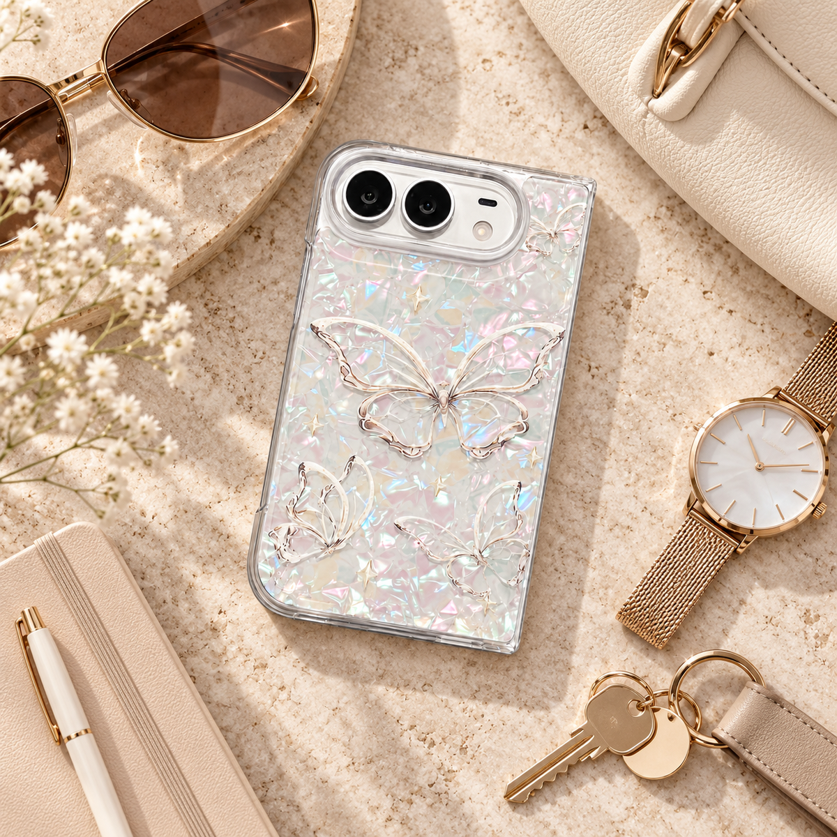 Premium iPhone Case Korean INS Butterfly Flower Heart Pattern Laser Acrylic Hard Shell Shockproof Folding Slim Anti Scratch Stylish Protective Phone Cover
