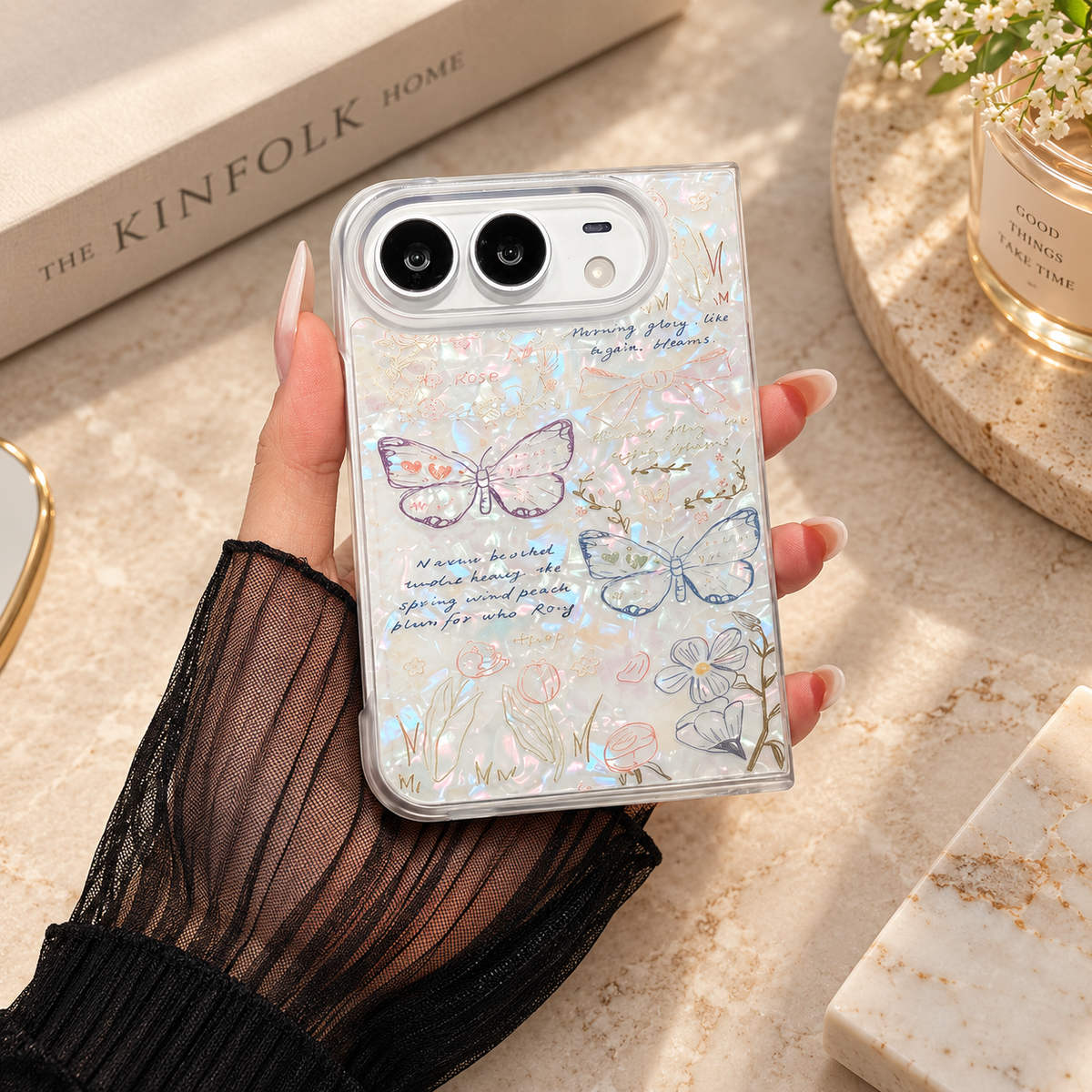 Premium iPhone Case Korean INS Butterfly Flower Heart Pattern Laser Acrylic Hard Shell Shockproof Folding Slim Anti Scratch Stylish Protective Phone Cover