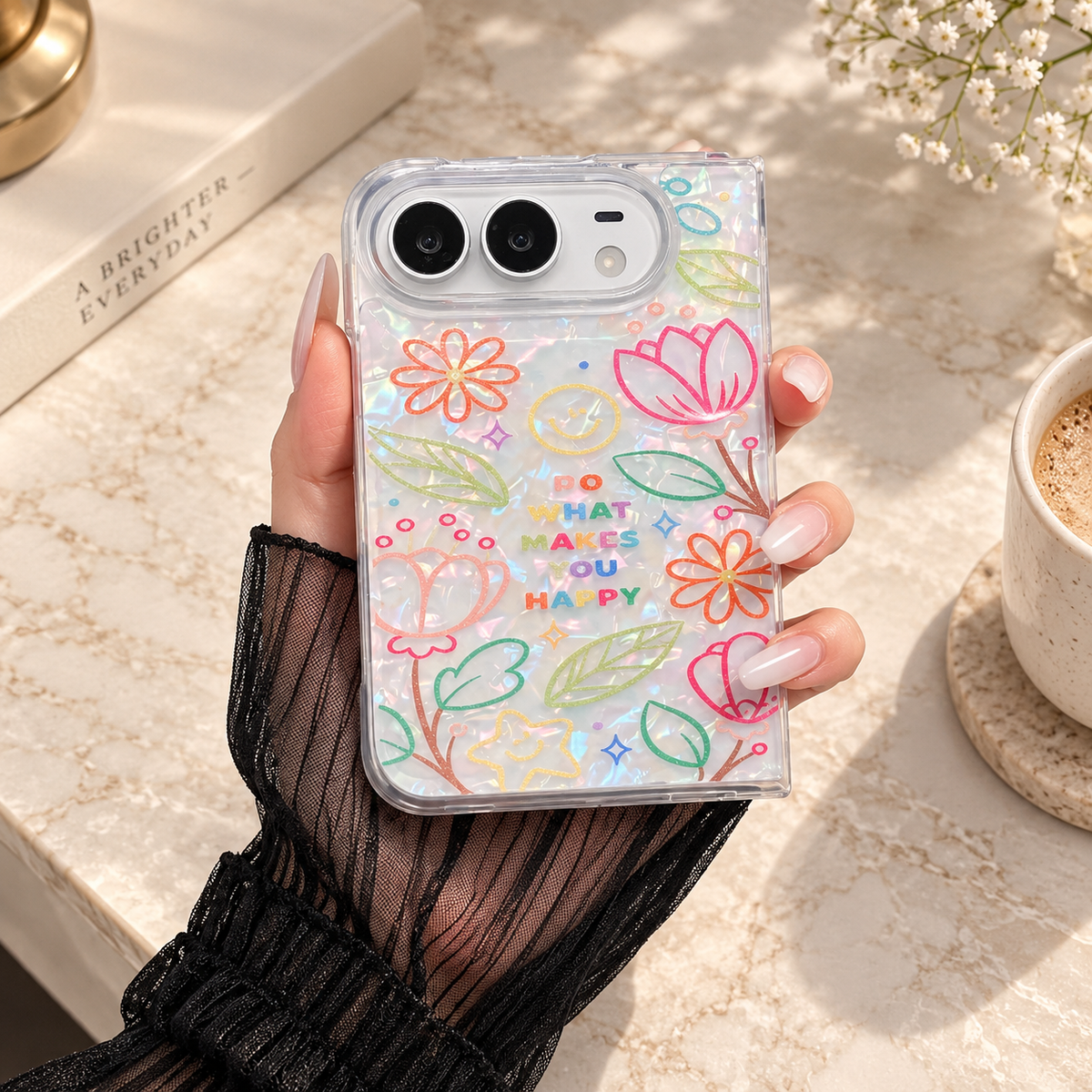 Premium iPhone Case Korean INS Butterfly Flower Heart Pattern Laser Acrylic Hard Shell Shockproof Folding Slim Anti Scratch Stylish Protective Phone Cover
