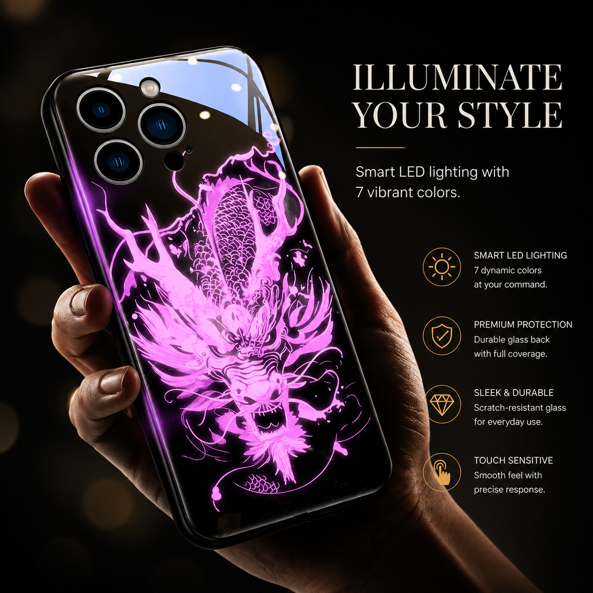 Premium iPhone Case LED Luminous Golden Dragon Sound Reactive Tempered Glass Back TPU Frame Shockproof Ultra Thin Protective Cover Full Protection