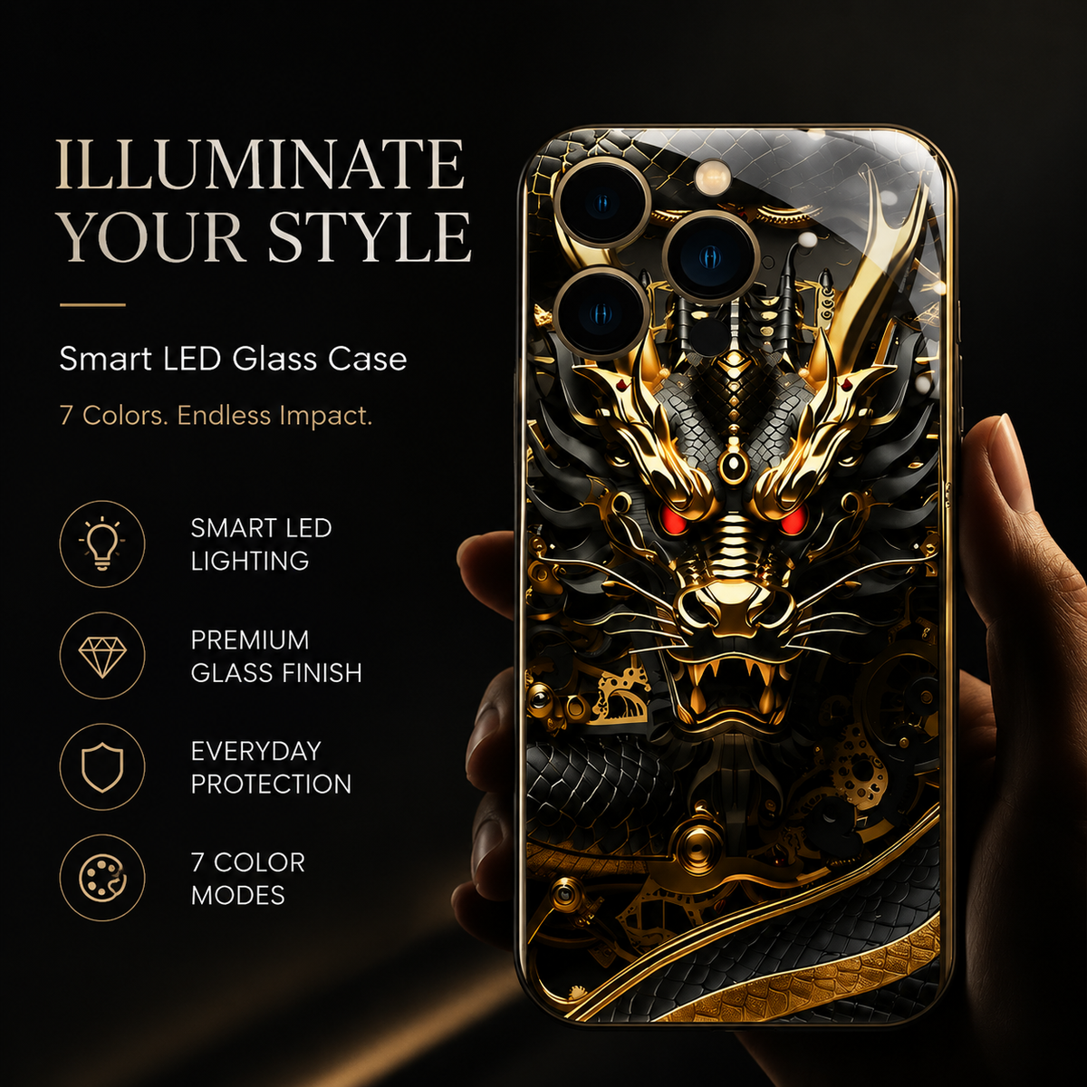 Premium iPhone Case LED Luminous Golden Dragon Sound Reactive Tempered Glass Back TPU Frame Shockproof Ultra Thin Protective Cover Full Protection