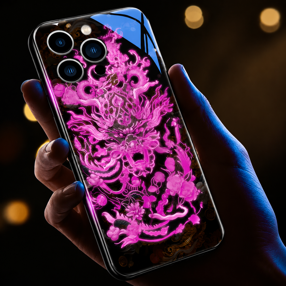 Premium iPhone Case LED Luminous Golden Dragon Sound Reactive Tempered Glass Back TPU Frame Shockproof Ultra Thin Protective Cover Full Protection