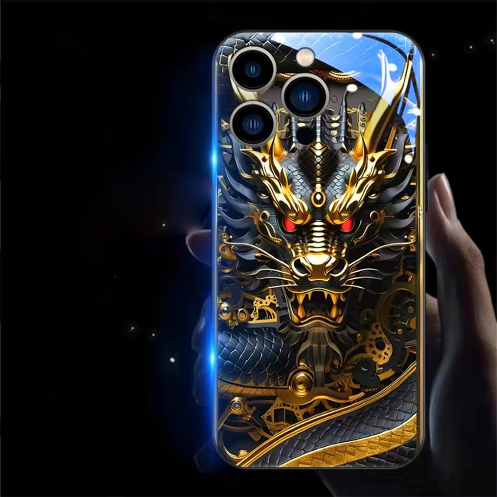 Premium iPhone Case LED Luminous Golden Dragon Sound Reactive Tempered Glass Back TPU Frame Shockproof Ultra Thin Protective Cover Full Protection