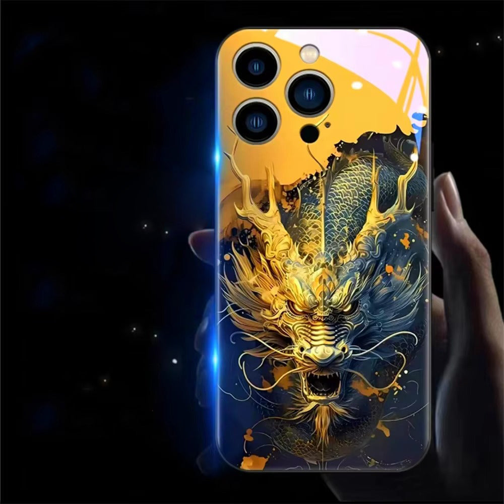Premium iPhone Case LED Luminous Golden Dragon Sound Reactive Tempered Glass Back TPU Frame Shockproof Ultra Thin Protective Cover Full Protection