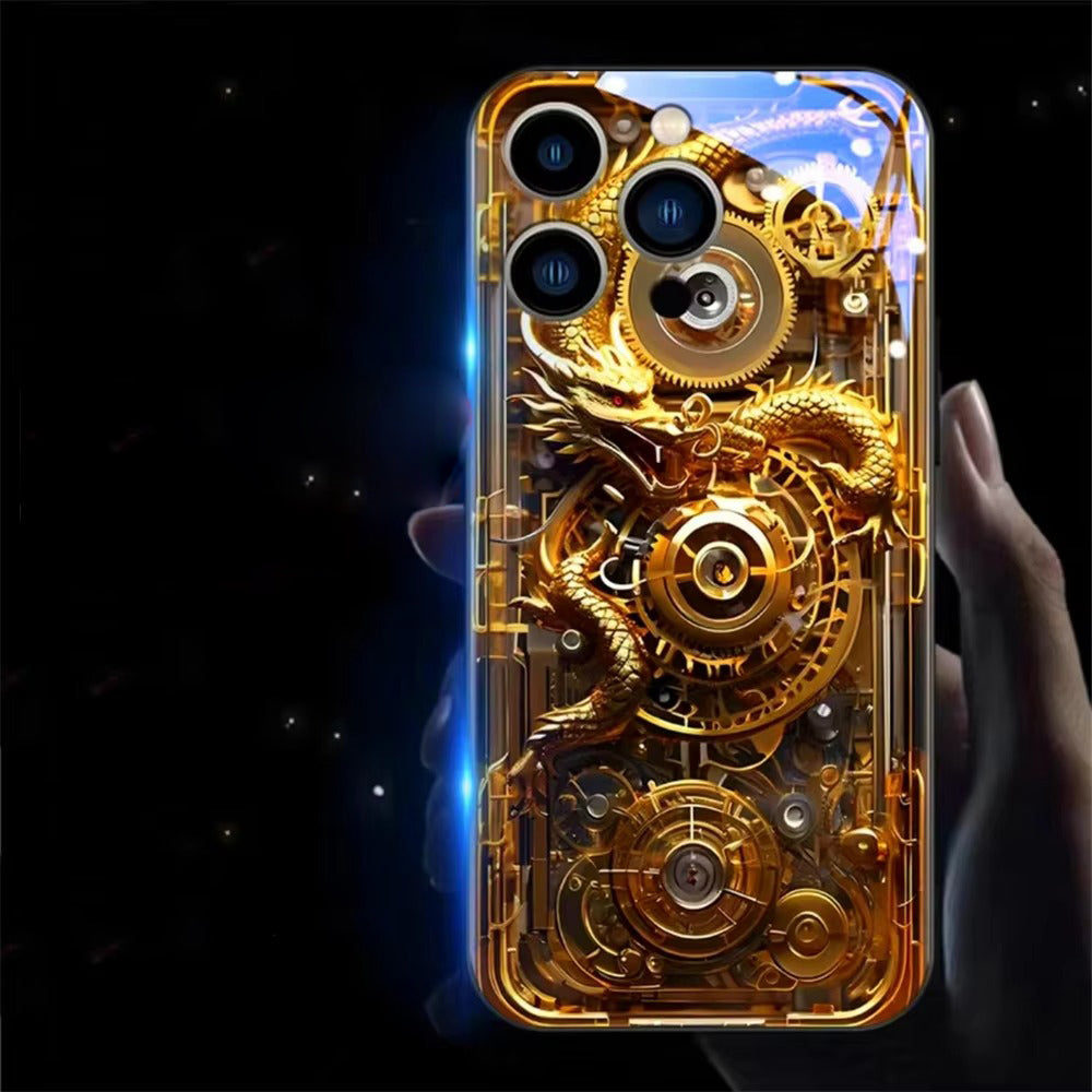 Premium iPhone Case LED Luminous Golden Dragon Sound Reactive Tempered Glass Back TPU Frame Shockproof Ultra Thin Protective Cover Full Protection