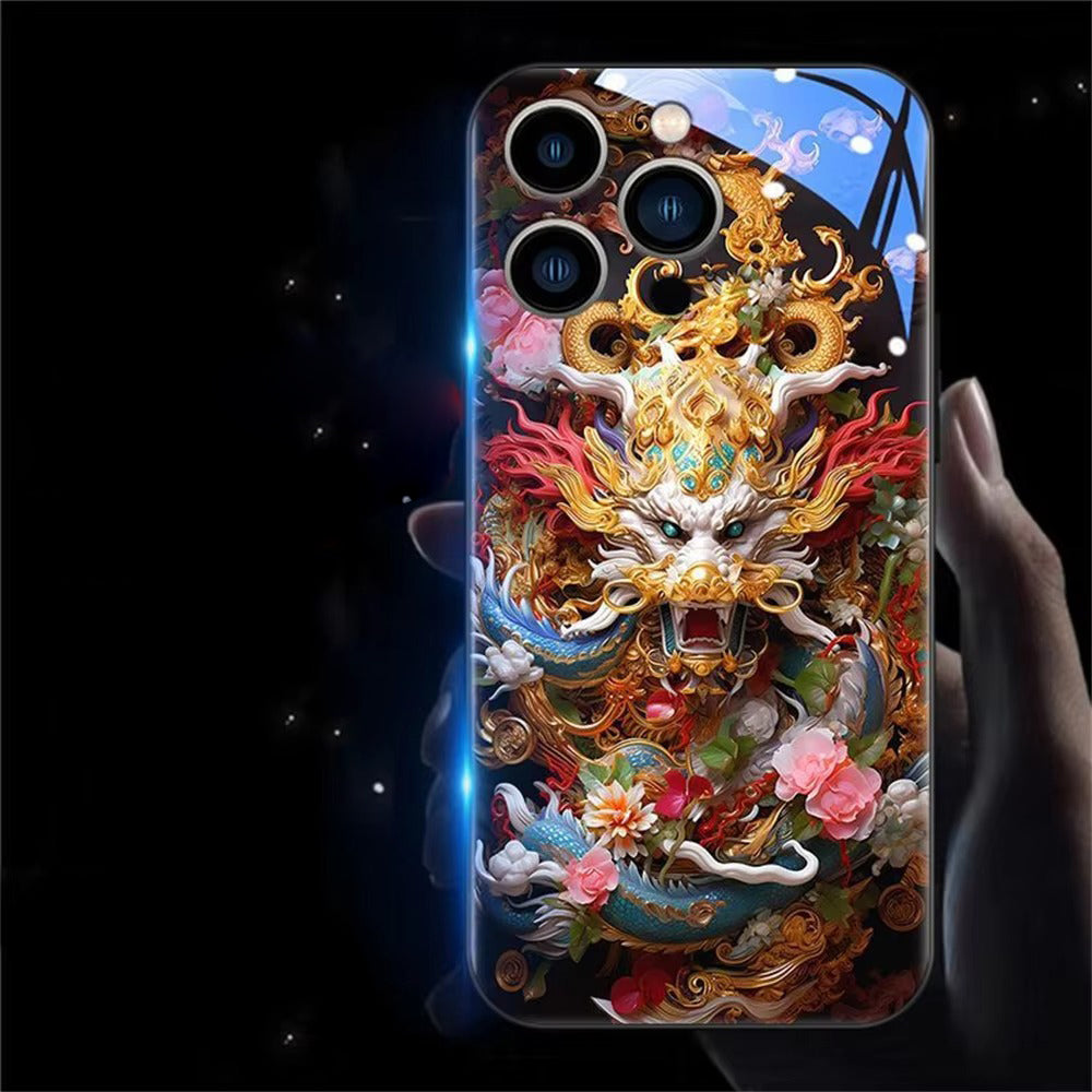 Premium iPhone Case LED Luminous Golden Dragon Sound Reactive Tempered Glass Back TPU Frame Shockproof Ultra Thin Protective Cover Full Protection