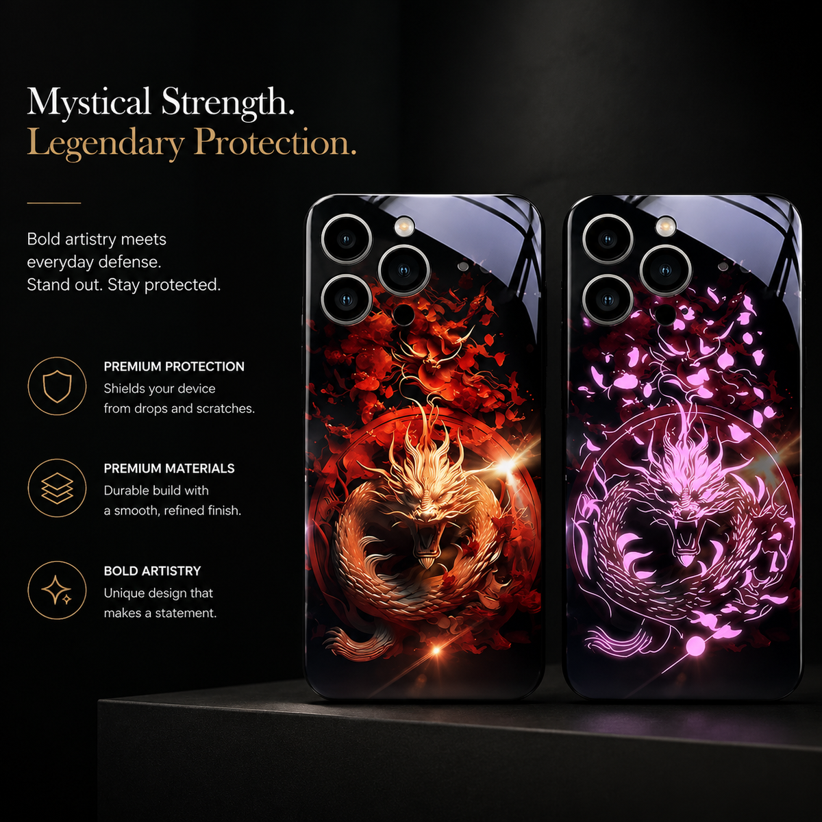 Premium iPhone Case LED Luminous Golden Dragon Sound Reactive Tempered Glass Back TPU Frame Shockproof Ultra Thin Protective Cover Full Protection