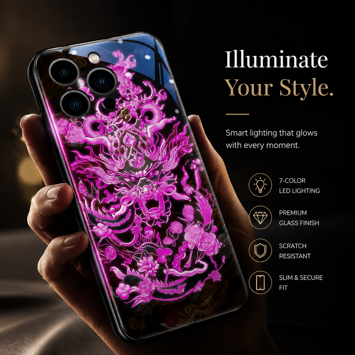 Premium iPhone Case LED Luminous Golden Dragon Sound Reactive Tempered Glass Back TPU Frame Shockproof Ultra Thin Protective Cover Full Protection
