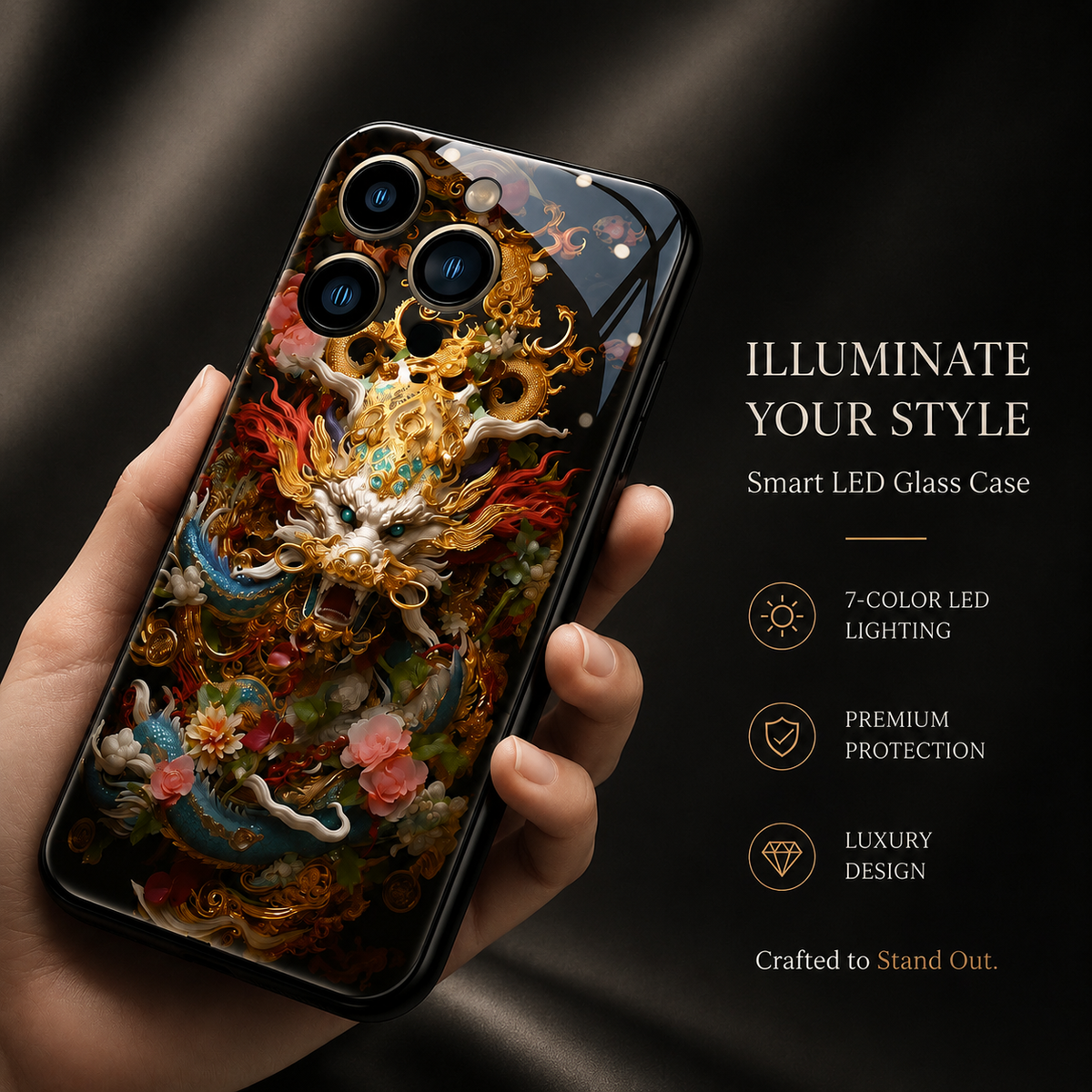 Premium iPhone Case LED Luminous Sound Reactive Tempered Glass Camera Protection Shockproof Protective Cover Slim Full Coverage Decorative Design Look