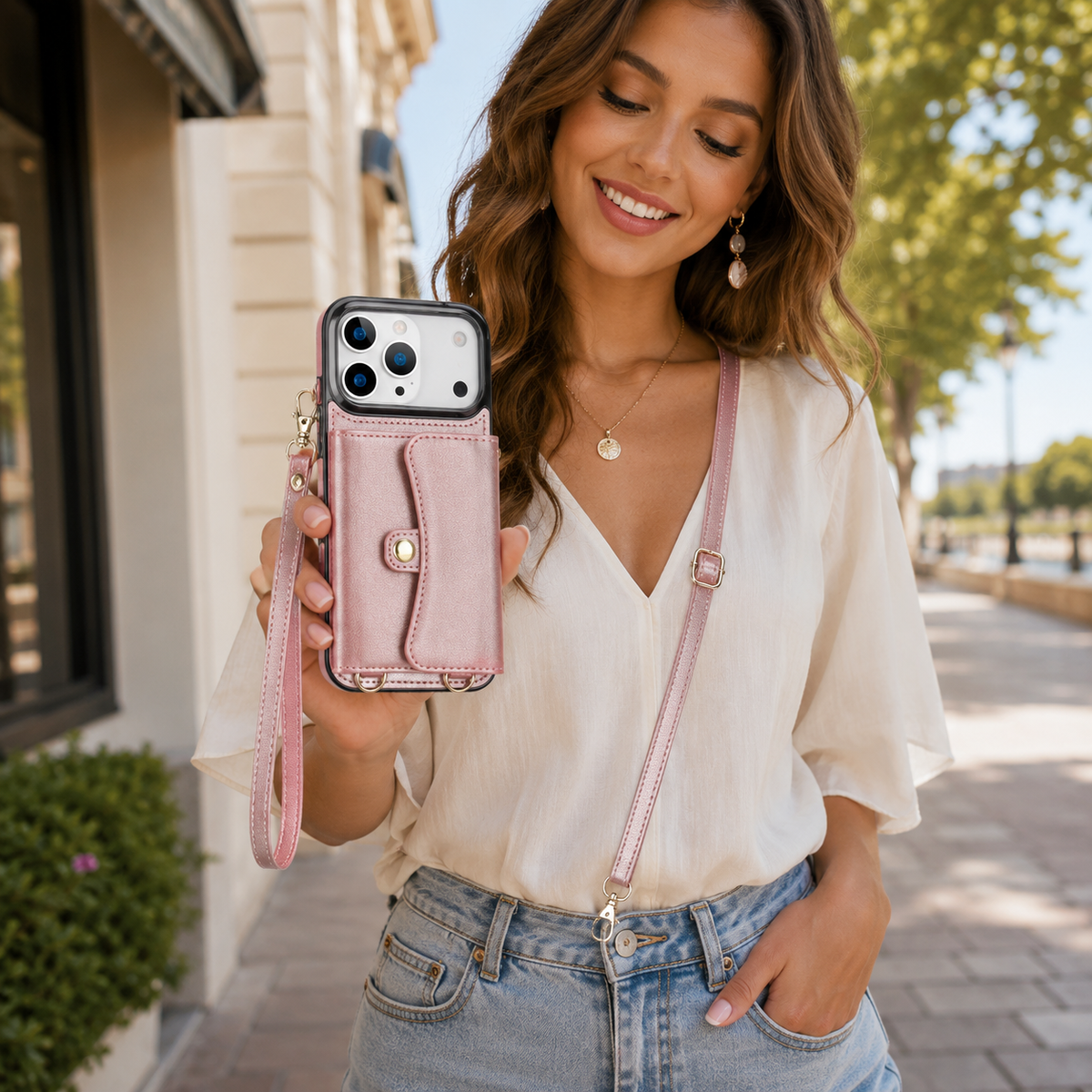 Premium iPhone Case Leather Crossbody Wallet Card Holder Coin Pocket Wrist Shoulder Strap Shockproof Non Slip Full Coverage Portable Protective Design