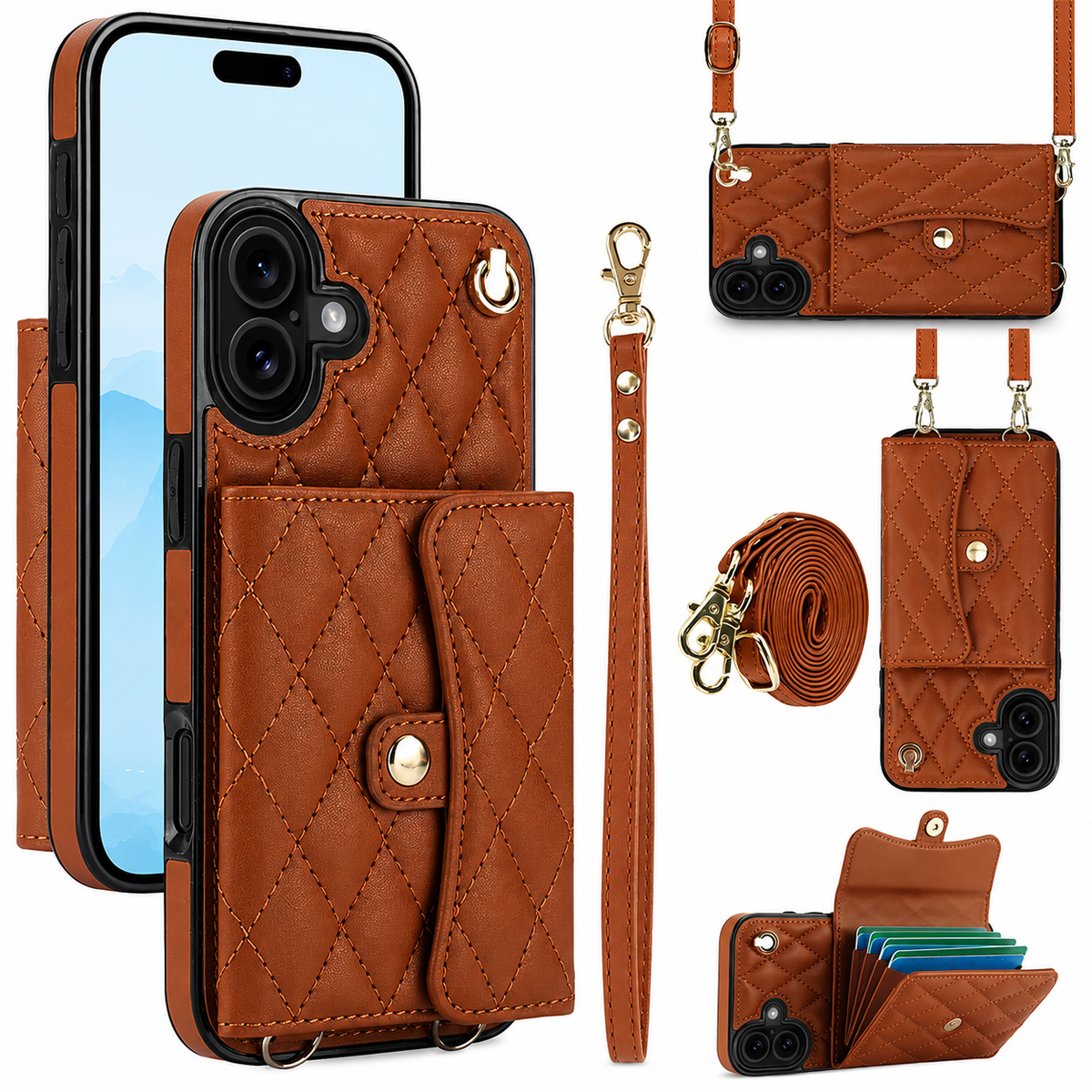 Premium iPhone Case Leather Crossbody Wallet Card Holder Coin Pocket Wrist Shoulder Strap Shockproof Non Slip Full Coverage Portable Protective Design